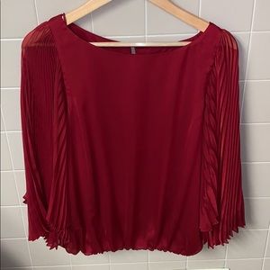 Dark red blouson blouse with pleated sheer sleeve